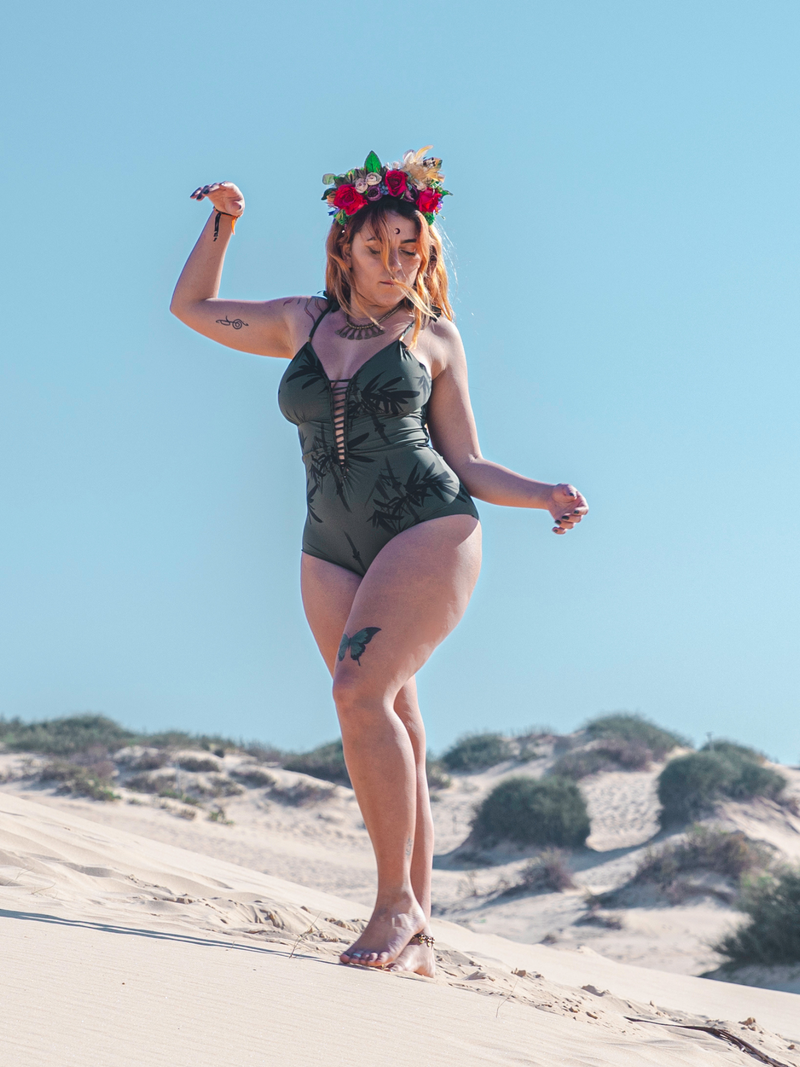 Plus Size - One Piece Swimsuit For Women in Printed Green "CUT" (Thick Lycra Fabric)