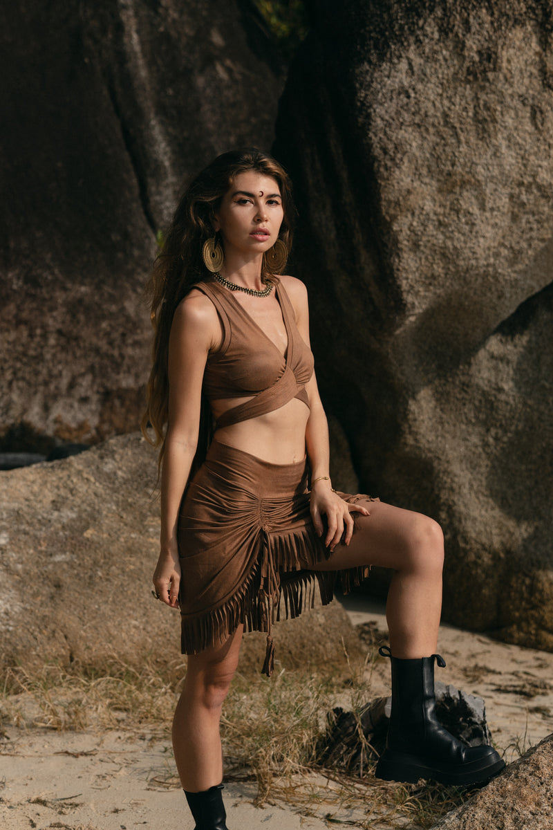 Suede Brown Swimwear Skirt Decorated with Fringe