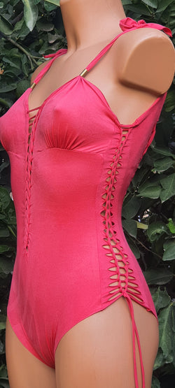 Clearance - Suede Look Pink One Piece Swimsuit For Women "DELI"