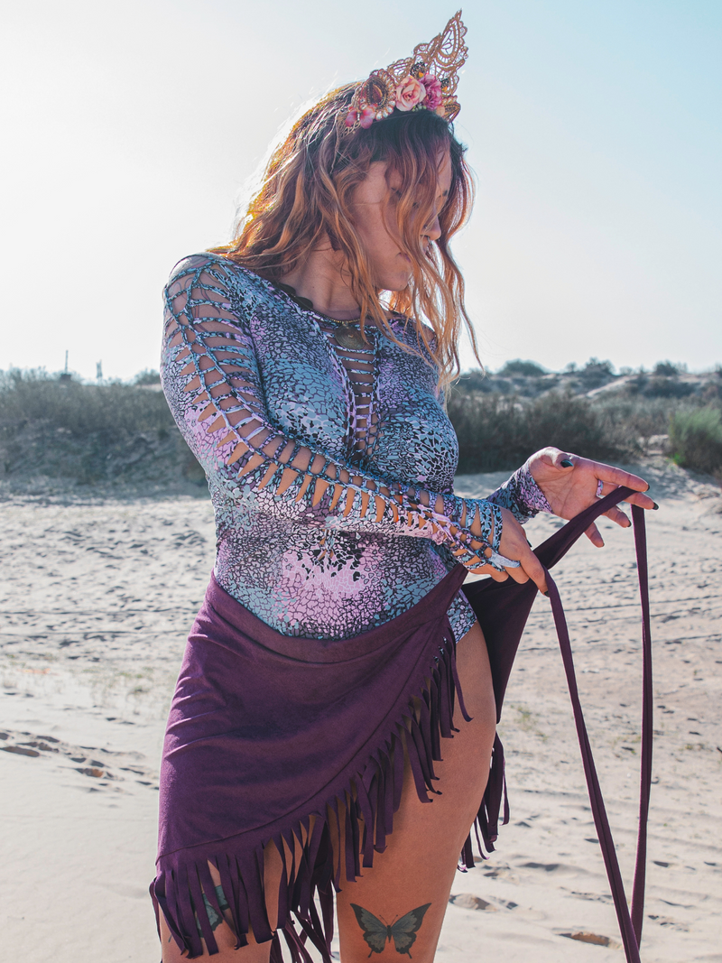 Plus Size - Suede Purple Wrap Swimwear Skirt Decorated with Fringe / Cover up