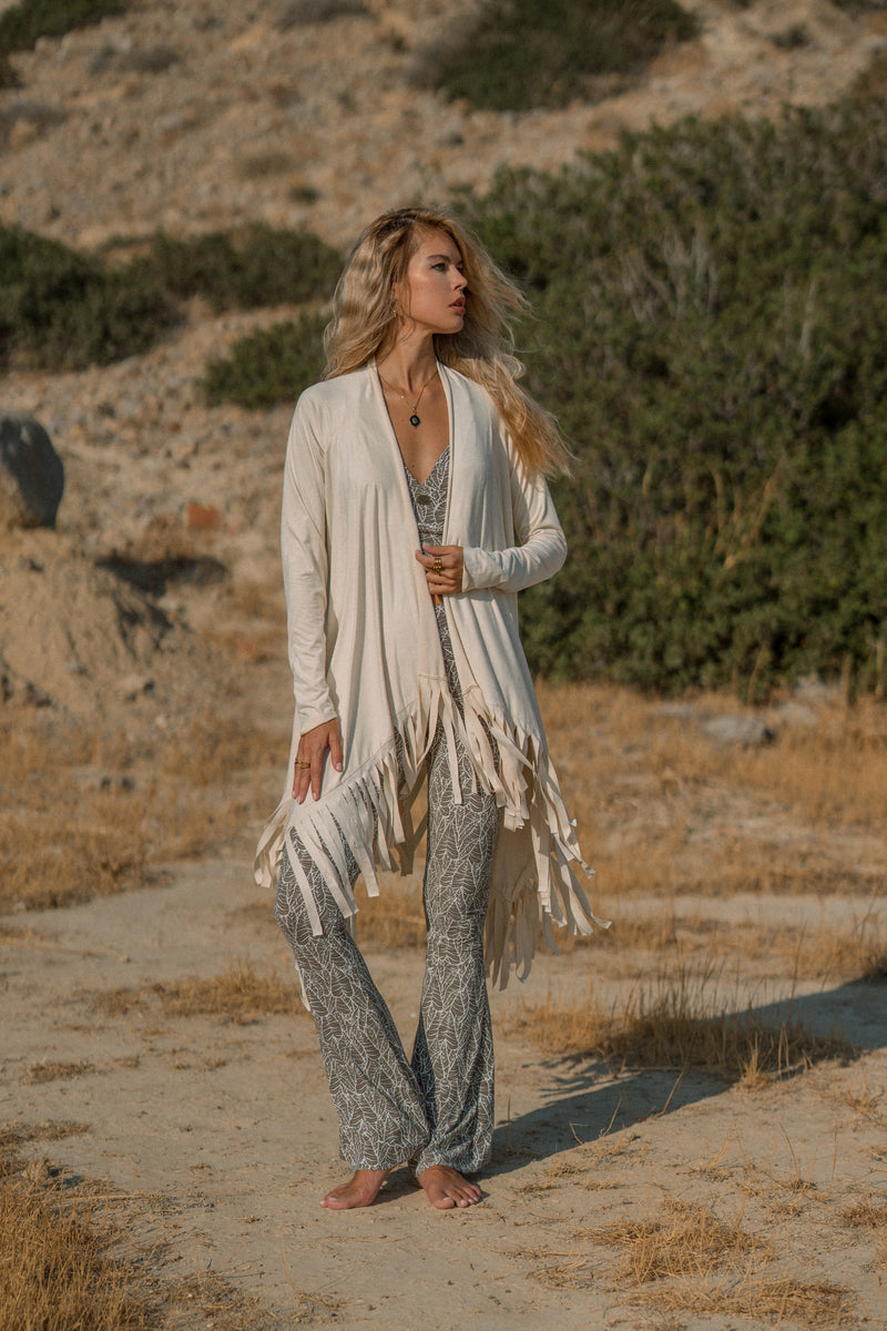 Suede Light Beige Cardigan Decorated with Fringe