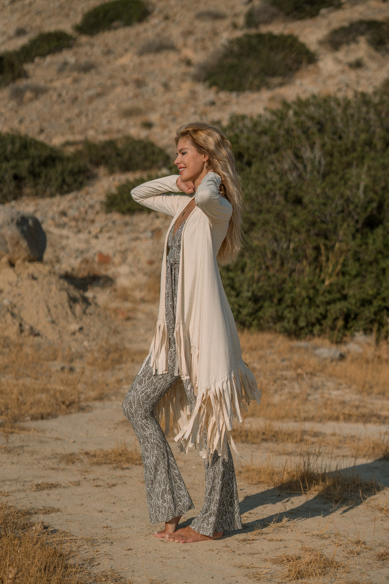 Suede Light Beige Cardigan Decorated with Fringe