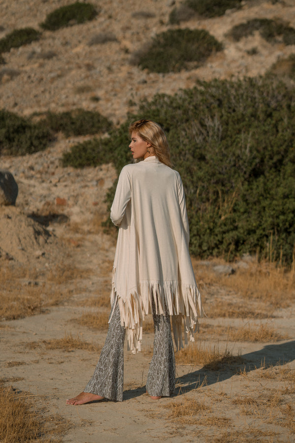 Suede Light Beige Cardigan Decorated with Fringe
