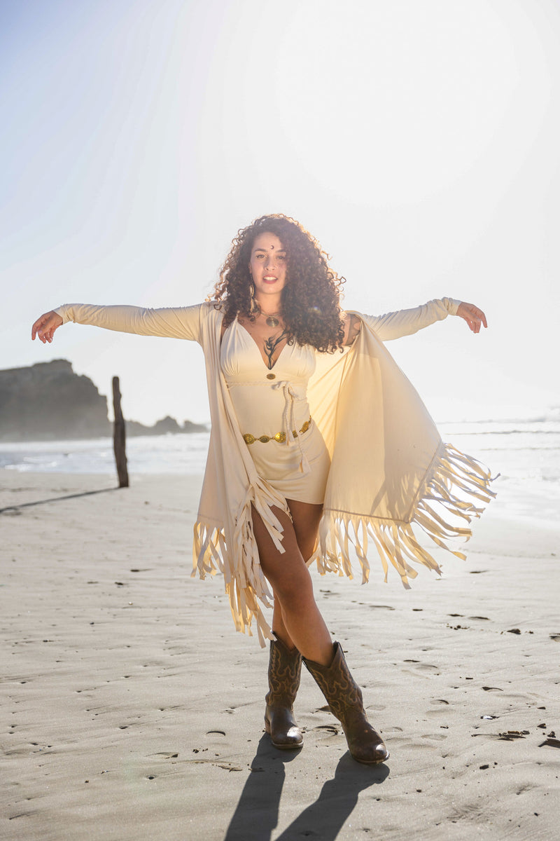 Suede Light Beige Cardigan Decorated with Fringe