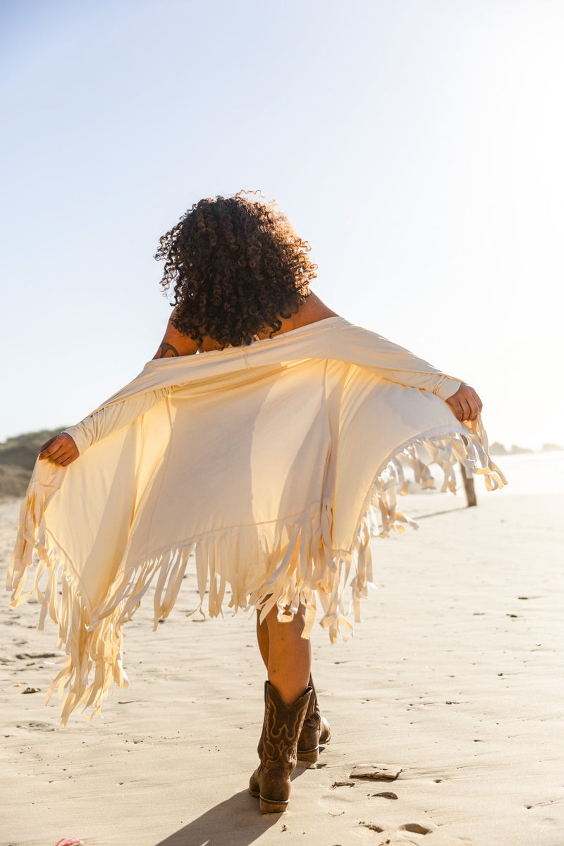 Suede Light Beige Cardigan Decorated with Fringe