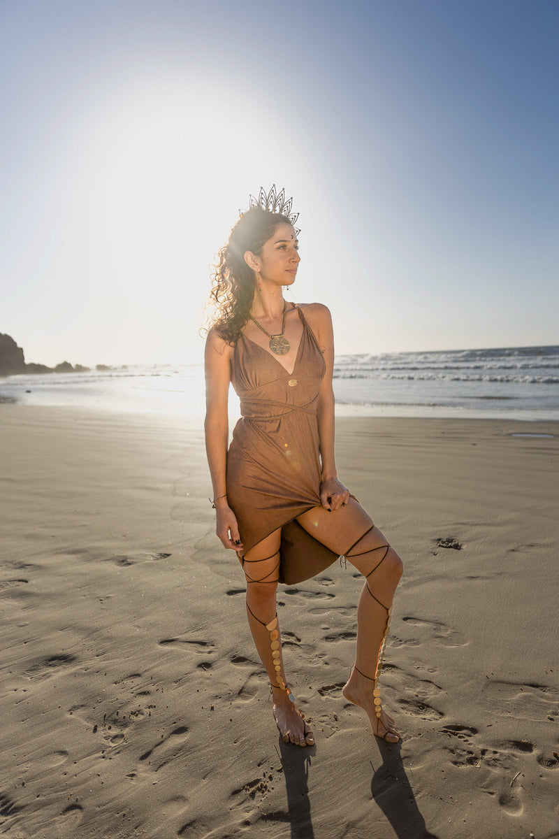 Suede Brown Braided Dress, Boho Dress, Cross Back Dress