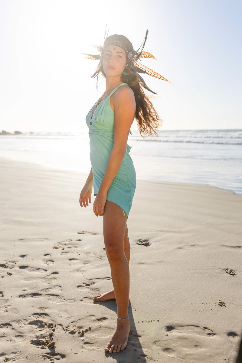 Suede Light Turquoise Braided Dress, Boho Dress, Cross Back Dress