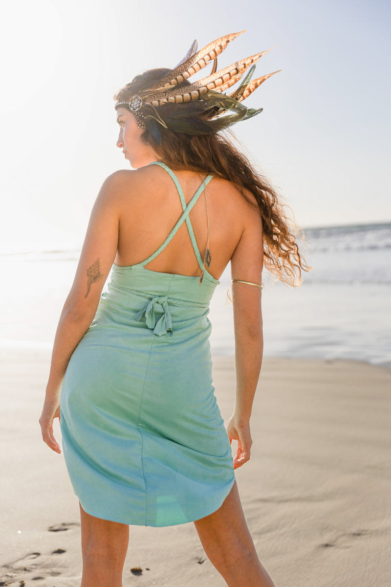 Suede Light Turquoise Braided Dress, Boho Dress, Cross Back Dress