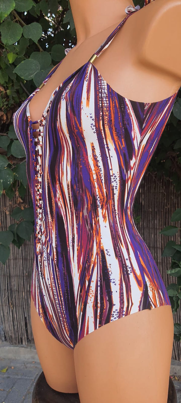 Clearance - One Piece Swimsuit For Women in Colored Stripes Print "SIDE" (Lycra Fabric)