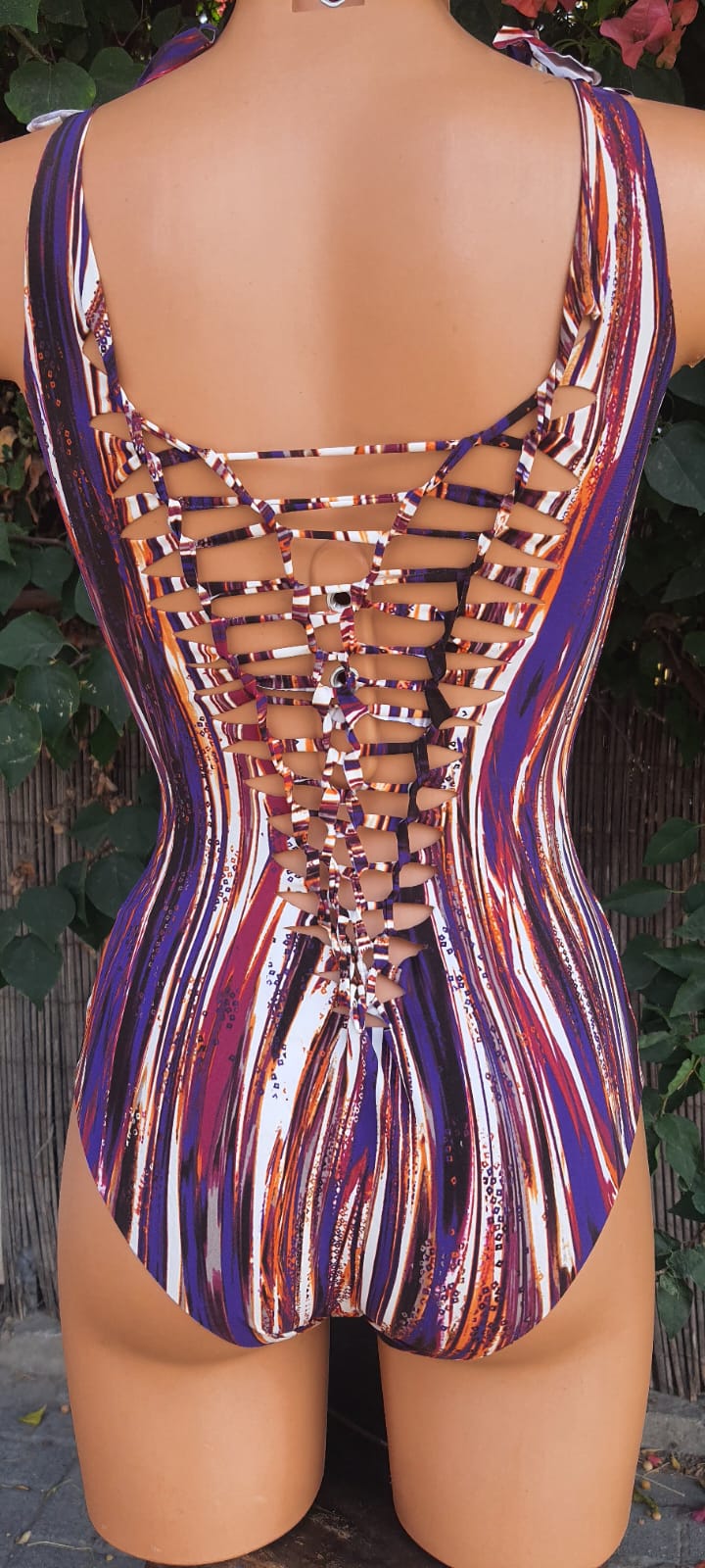 Clearance - One Piece Swimsuit For Women in Colored Stripes Print "SIDE" (Lycra Fabric)