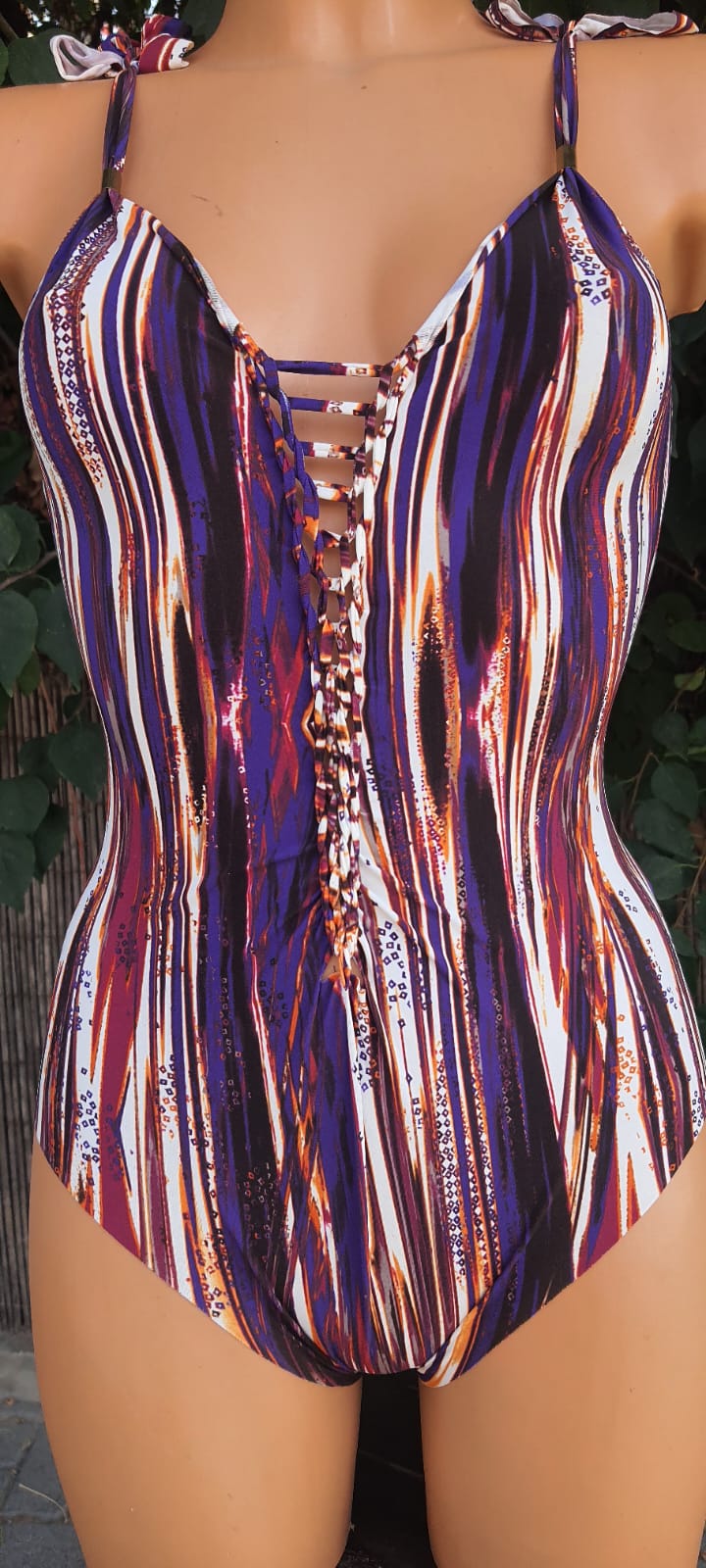 Clearance - One Piece Swimsuit For Women in Colored Stripes Print "SIDE" (Lycra Fabric)