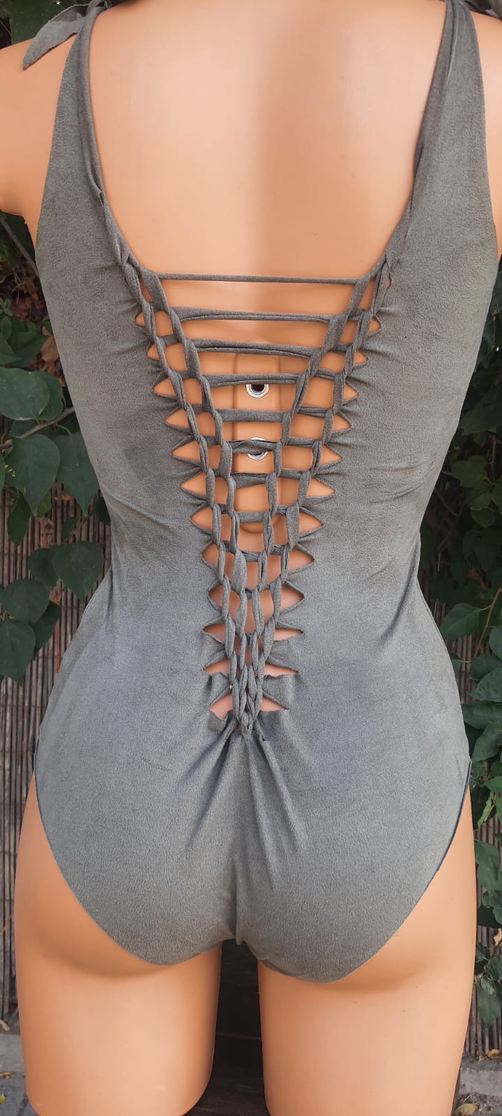 Clearance - Suede Look Olive Green One Piece Swimsuit For Women "CUT"