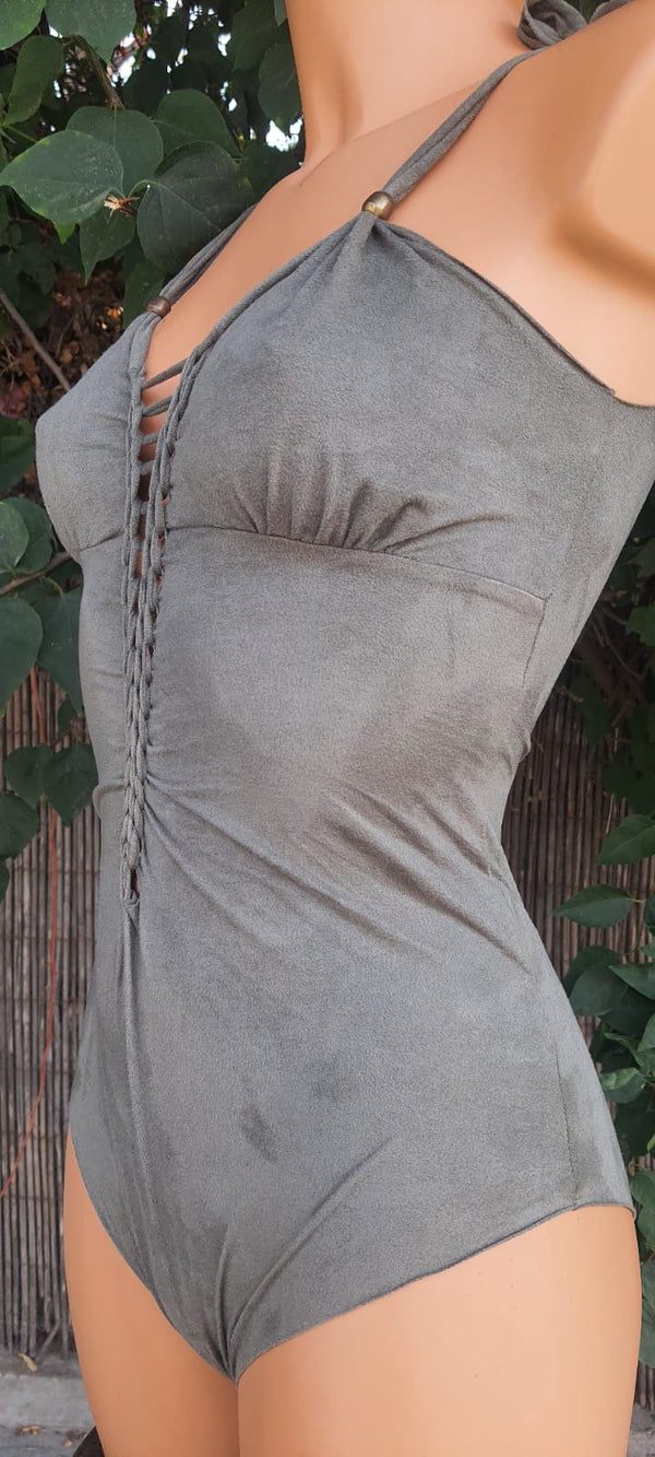 Clearance - Suede Look Olive Green One Piece Swimsuit For Women "CUT"