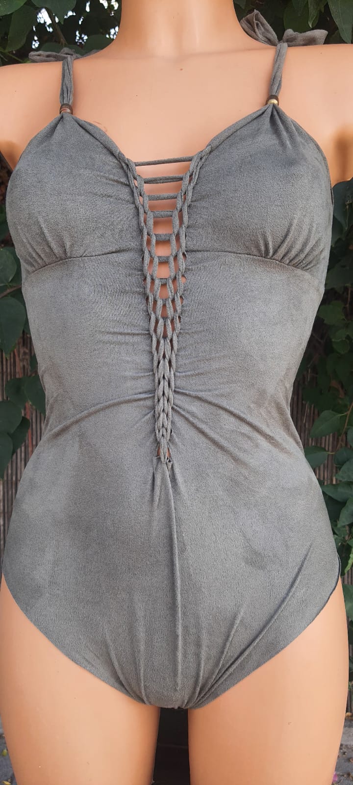 Clearance - Suede Look Olive Green One Piece Swimsuit For Women "CUT"