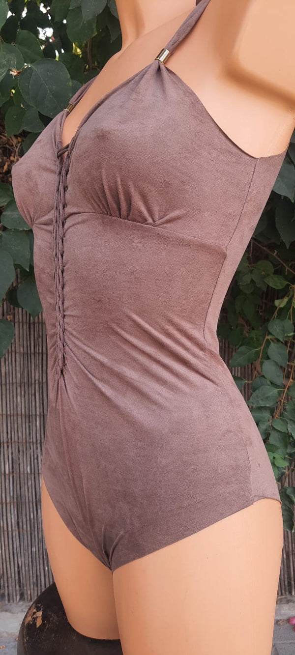 Clearance - Suede Look Brown One Piece Swimsuit For Women "CUT"