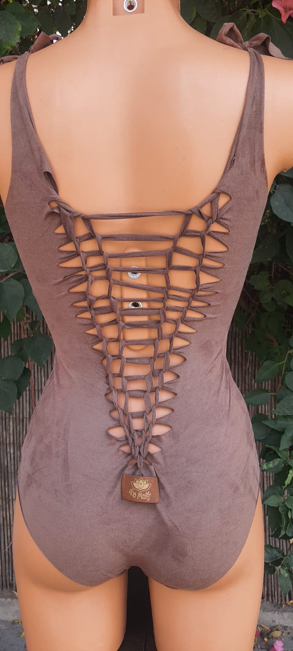 Clearance - Suede Look Brown One Piece Swimsuit For Women "CUT"