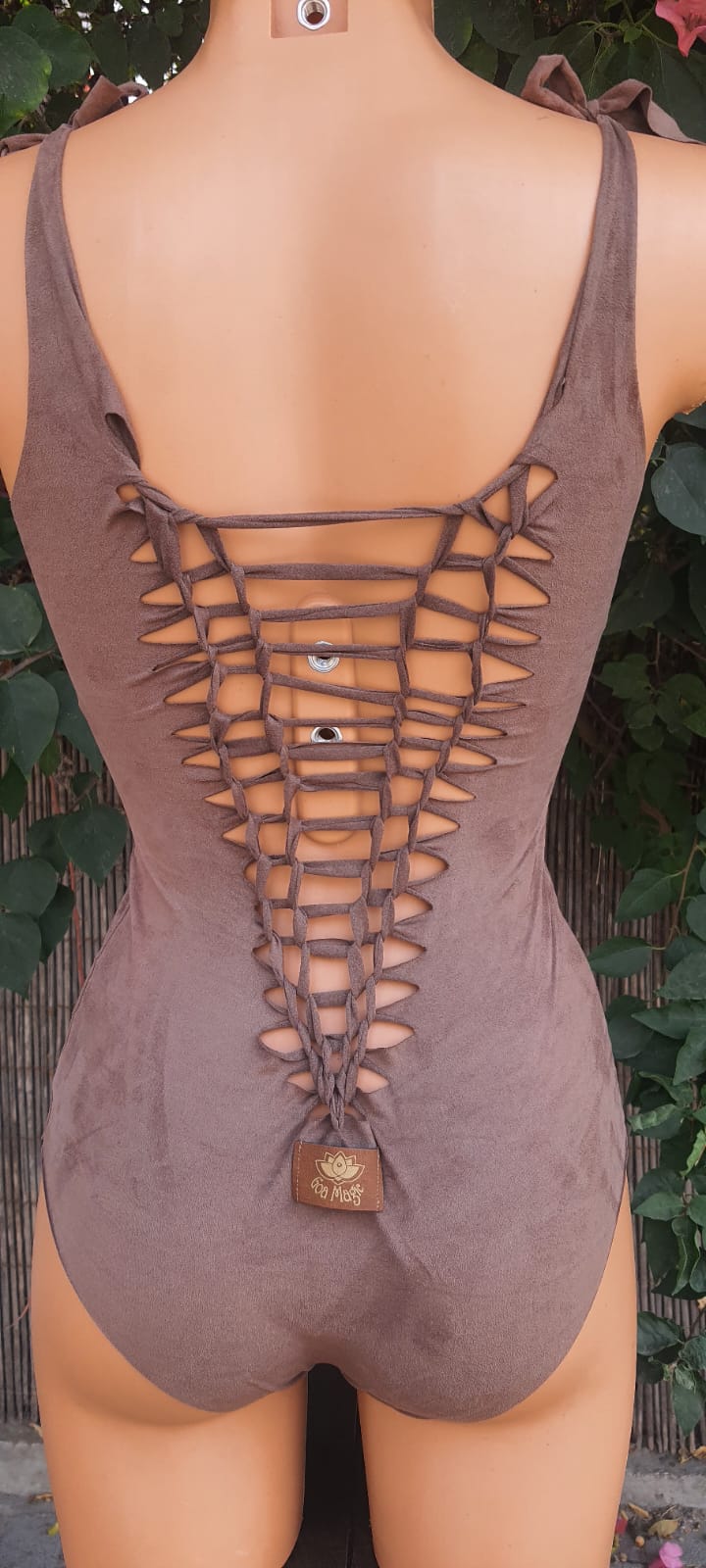 Clearance - Suede Look Brown One Piece Swimsuit For Women "CUT"