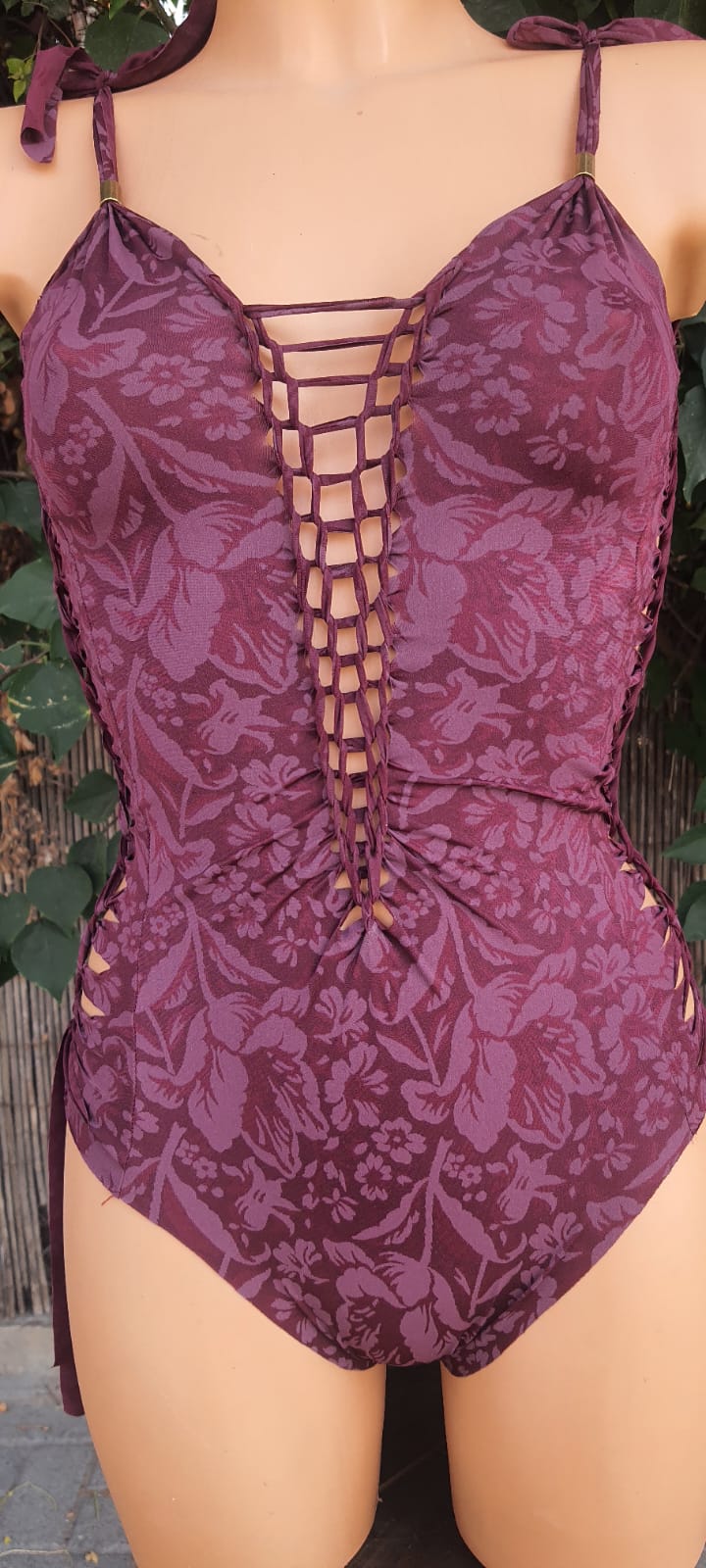 Clearance - One Piece Swimsuit For Women in Bordeaux Floral Print "SIDE" (Lycra Fabric)