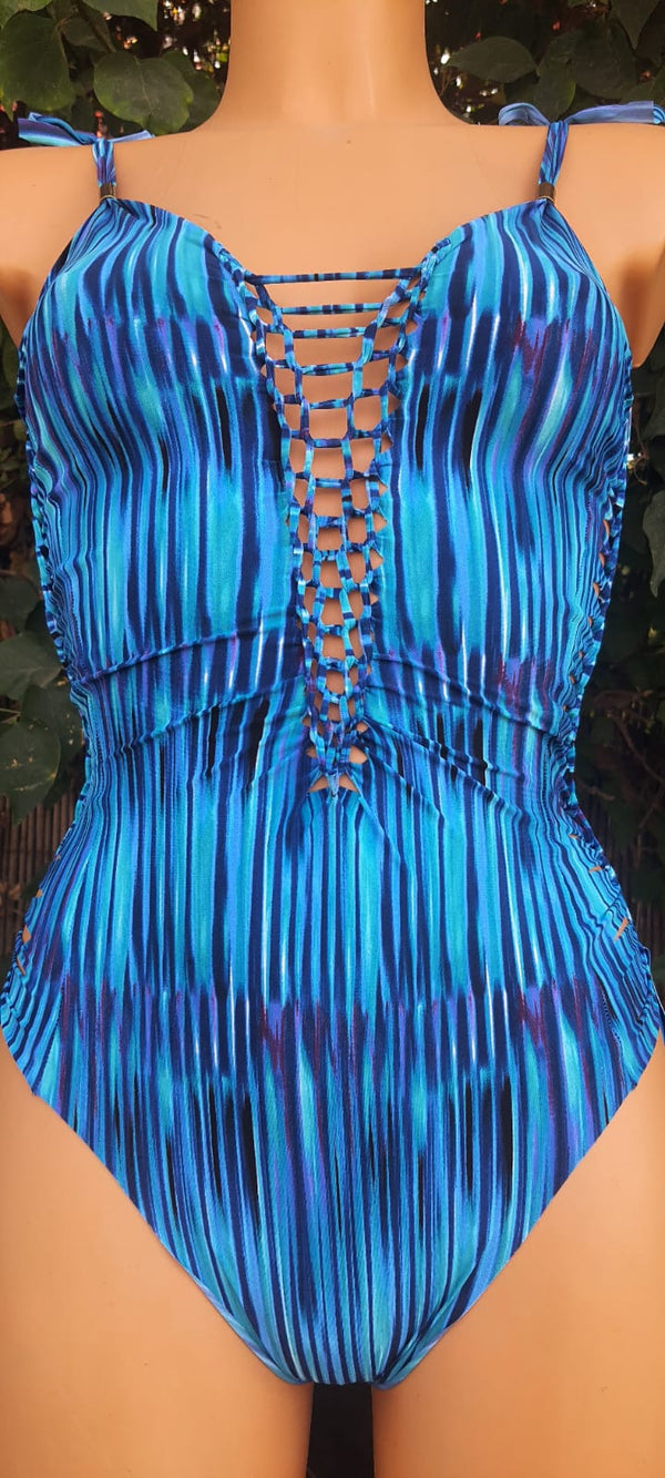 Clearance - One Piece Swimsuit For Women in Turquoise Stripes Print "SIDE" (Lycra Fabric)