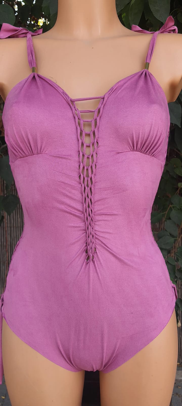 Clearance - Suede Look Bazooka Pink One Piece Swimsuit For Women "DELI"
