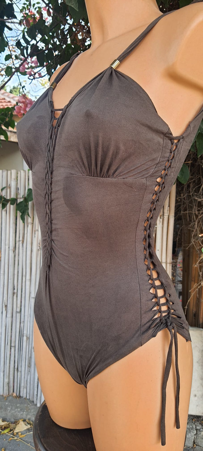 Clearance - Suede Look Olive Green One Piece Swimsuit For Women "DELI"