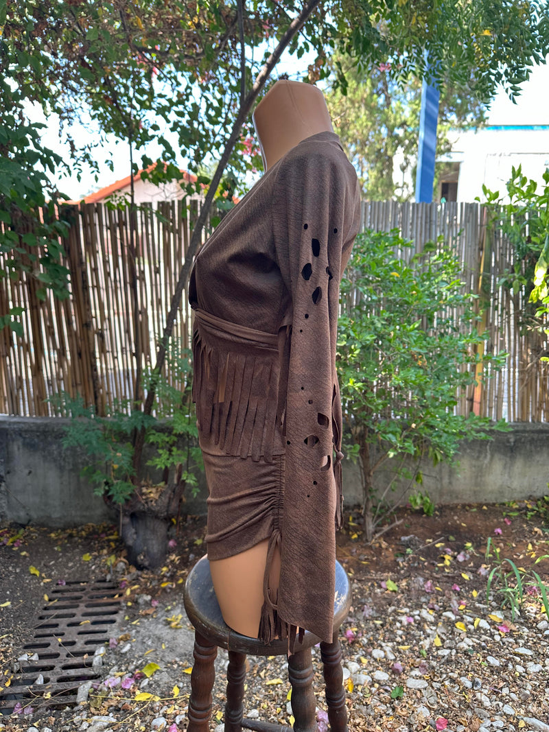 Clearance - Long Sleeve Fringe Tank Top in Suede Brown