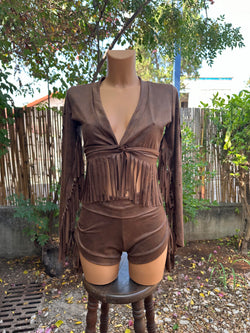 Clearance - Long Sleeve Fringe Tank Top in Suede Brown