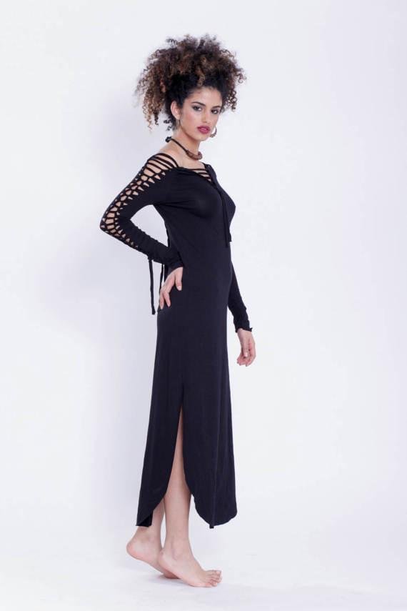 Long Sleeve Black Maxi Dress, Pixie Dress - goa-magic-fashion