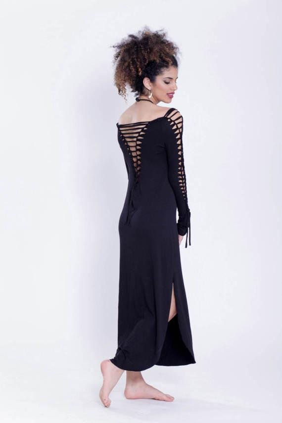 Long Sleeve Black Maxi Dress, Pixie Dress - goa-magic-fashion