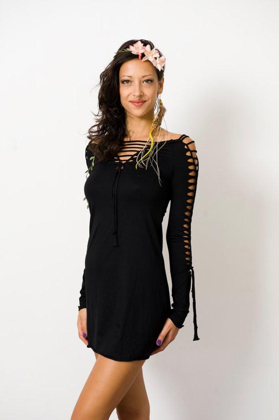 Long Sleeve Black Mini Dress, Pixie Dress - goa-magic-fashion