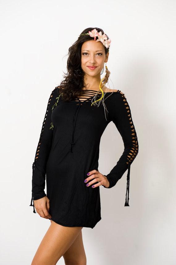 Long Sleeve Black Mini Dress, Pixie Dress - goa-magic-fashion