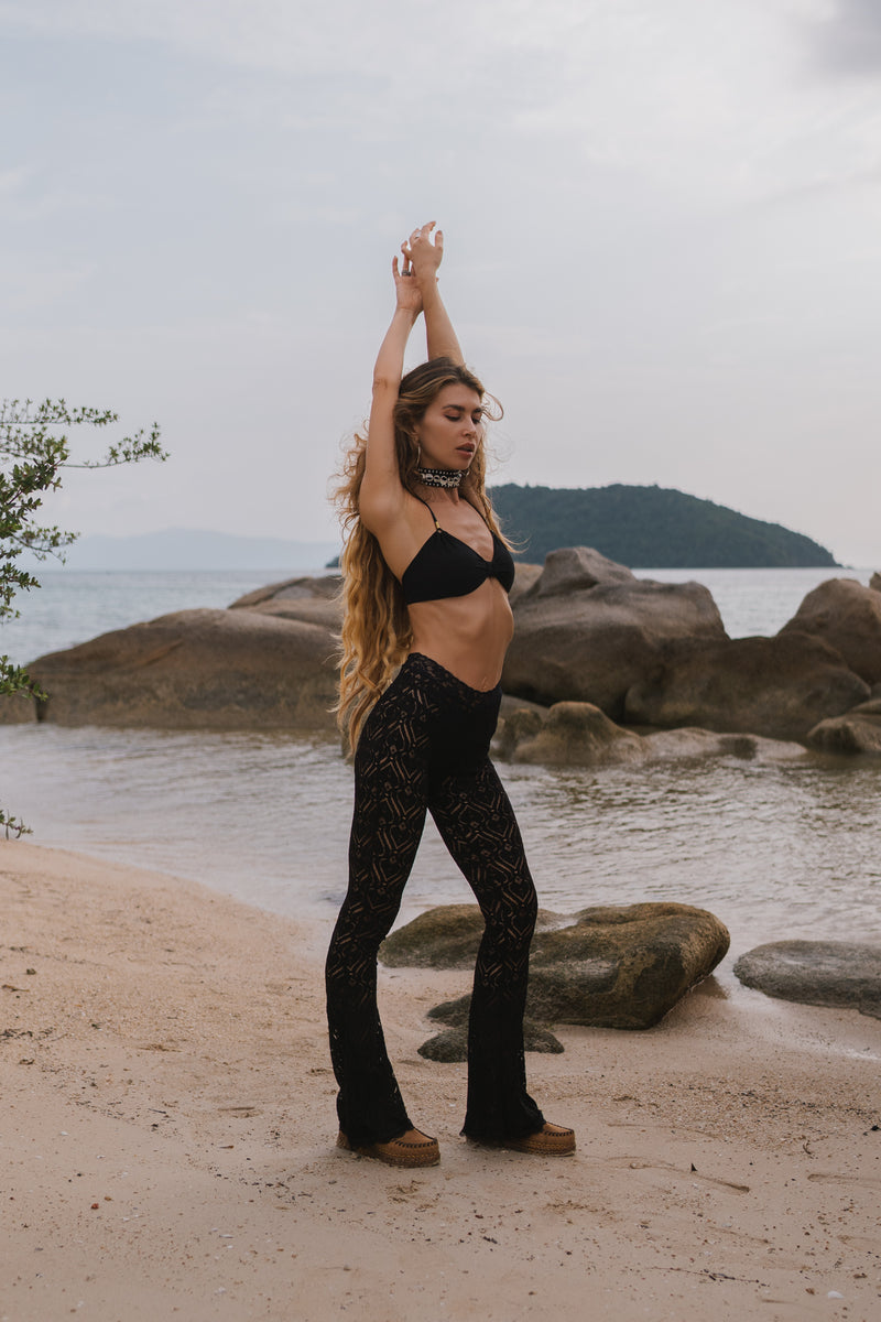 Black Lace Flare Yoga Pants For Women, Sheer leggings