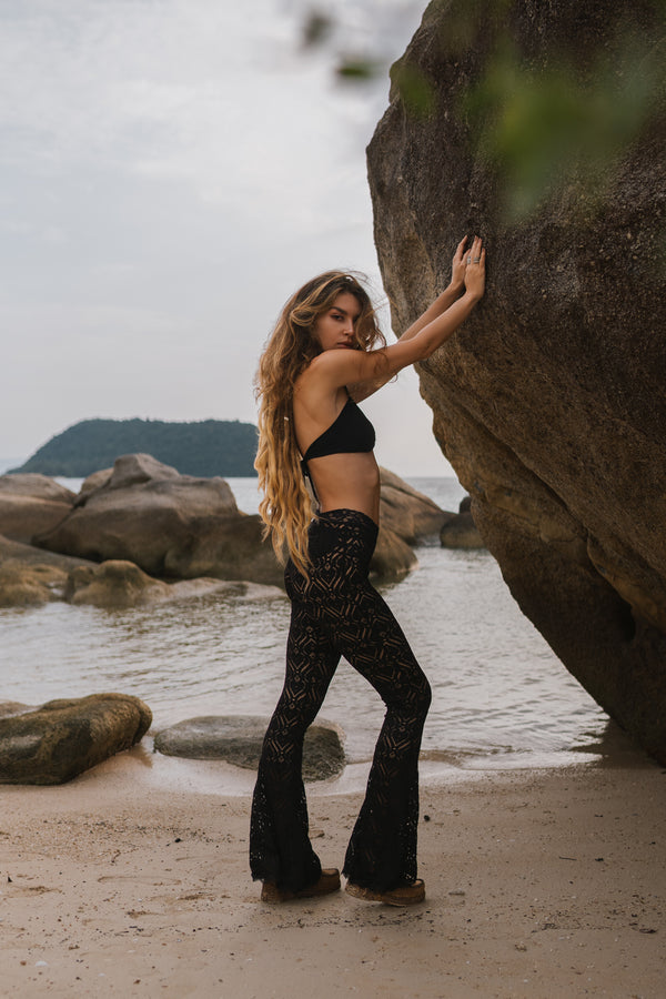 Black Lace Flare Yoga Pants For Women, Sheer leggings