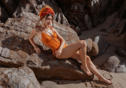 Suede Look Bright Orange One Piece Swimsuit For Women "SIDE"