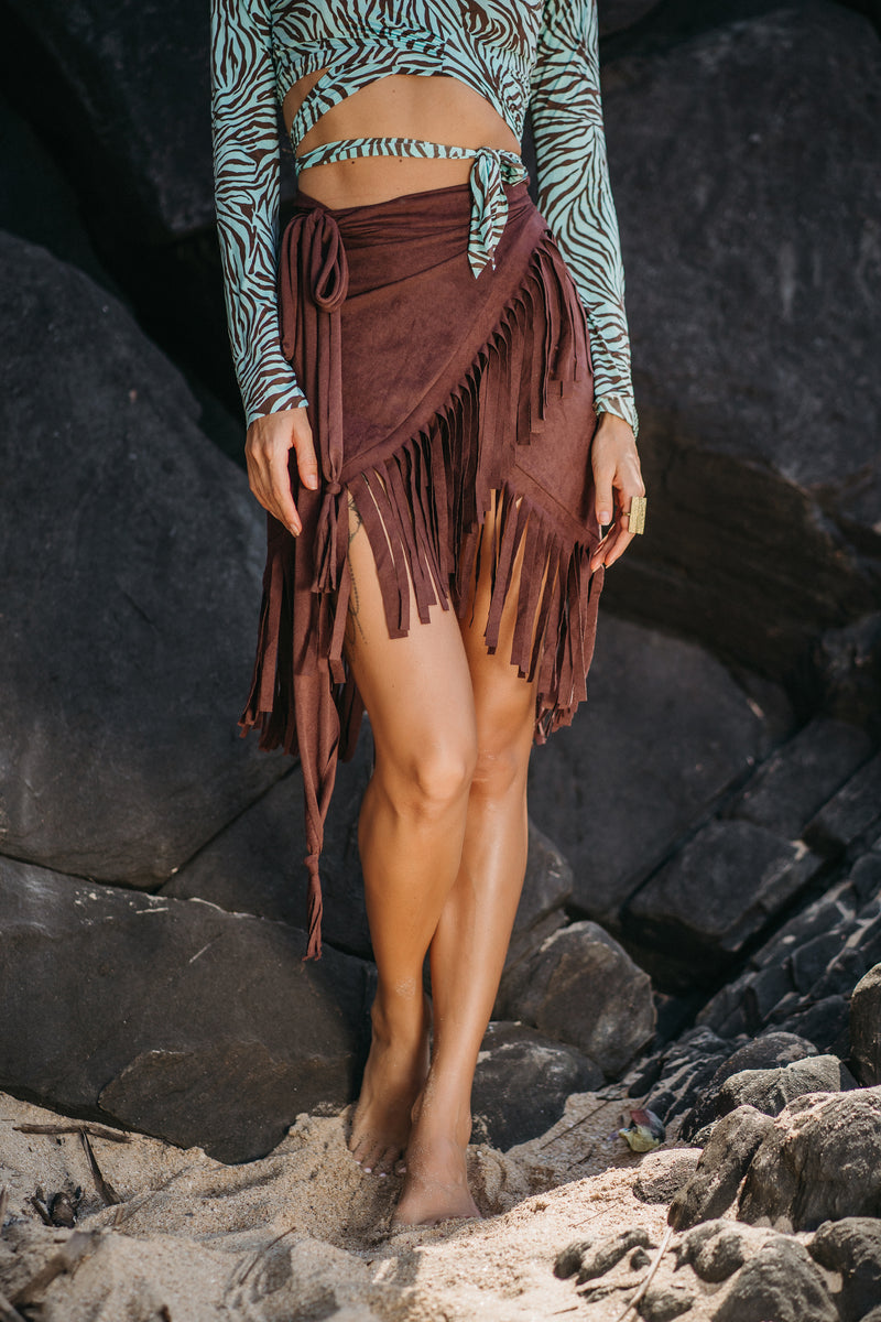 Suede Brown Wrap Swimwear Skirt Decorated with Fringe / Cover up