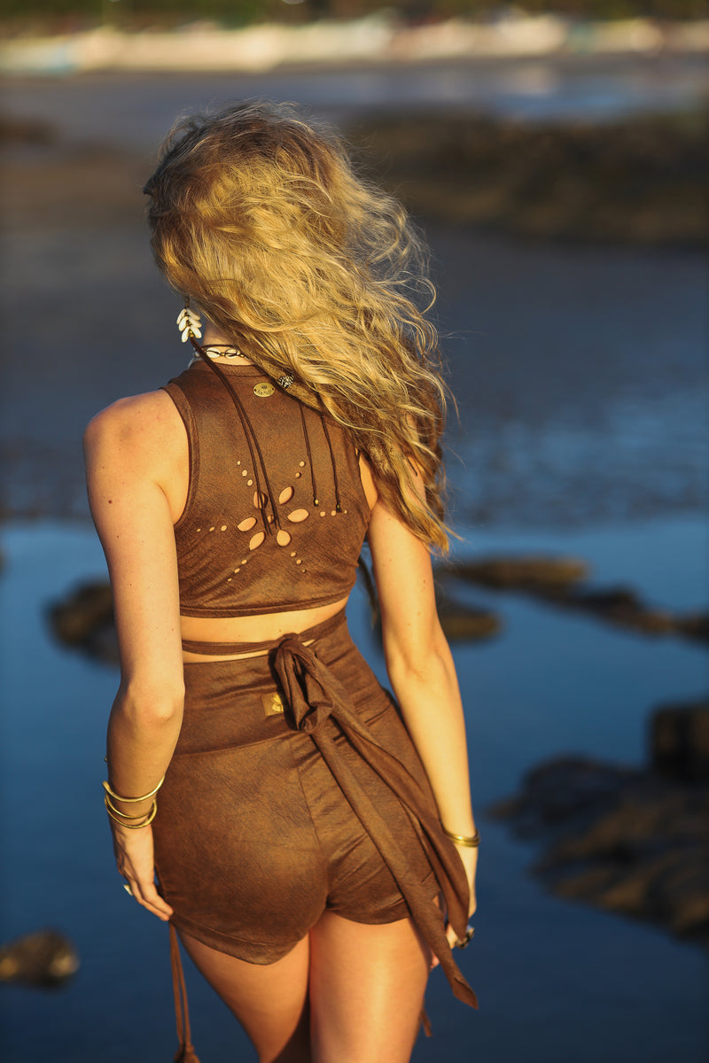 Suede Printed Brown Booty Shorts, Sexy Yoga Clothes