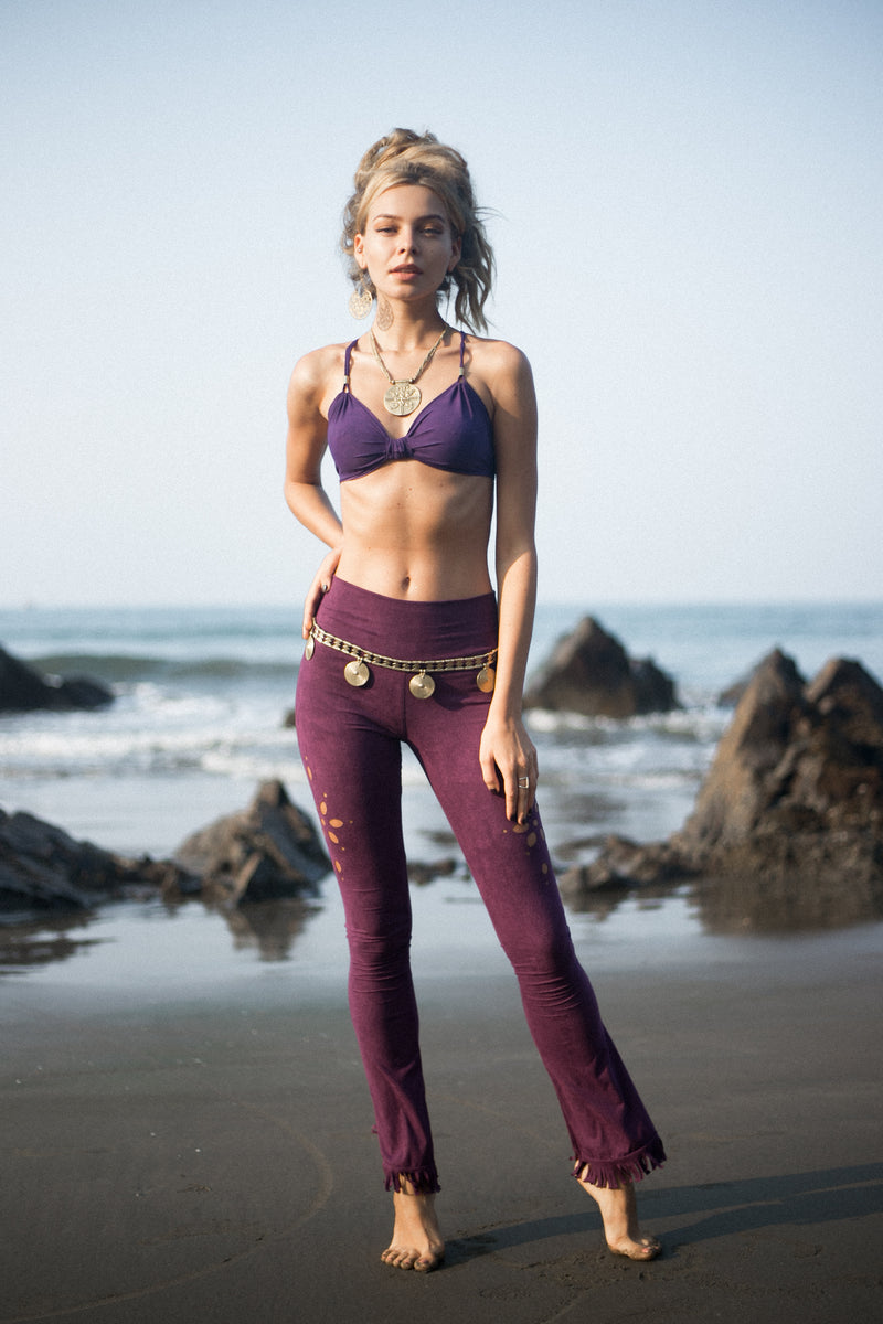 Flair Fringe Pants For Women In Suede Purple with Floral Cutouts - goa-magic-fashion