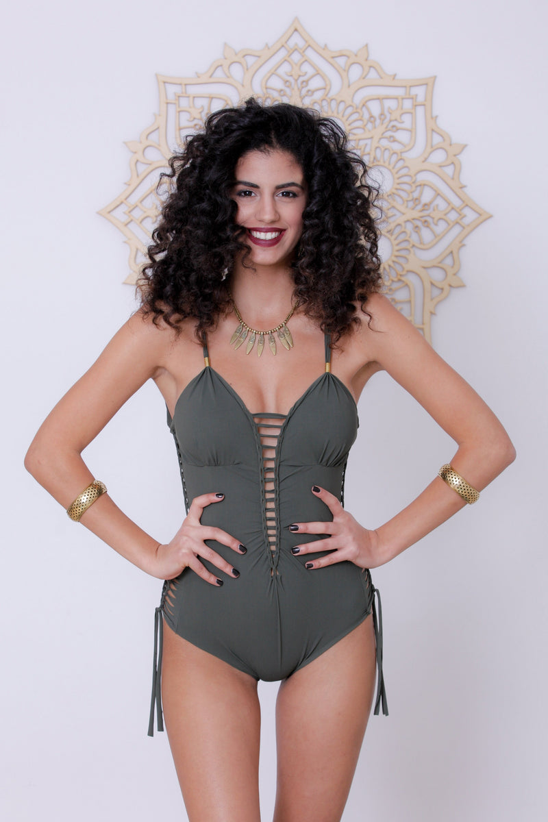 Olive Green One Piece Swimsuit For Women "DELI" (Lycra Fabric) - goa-magic-fashion