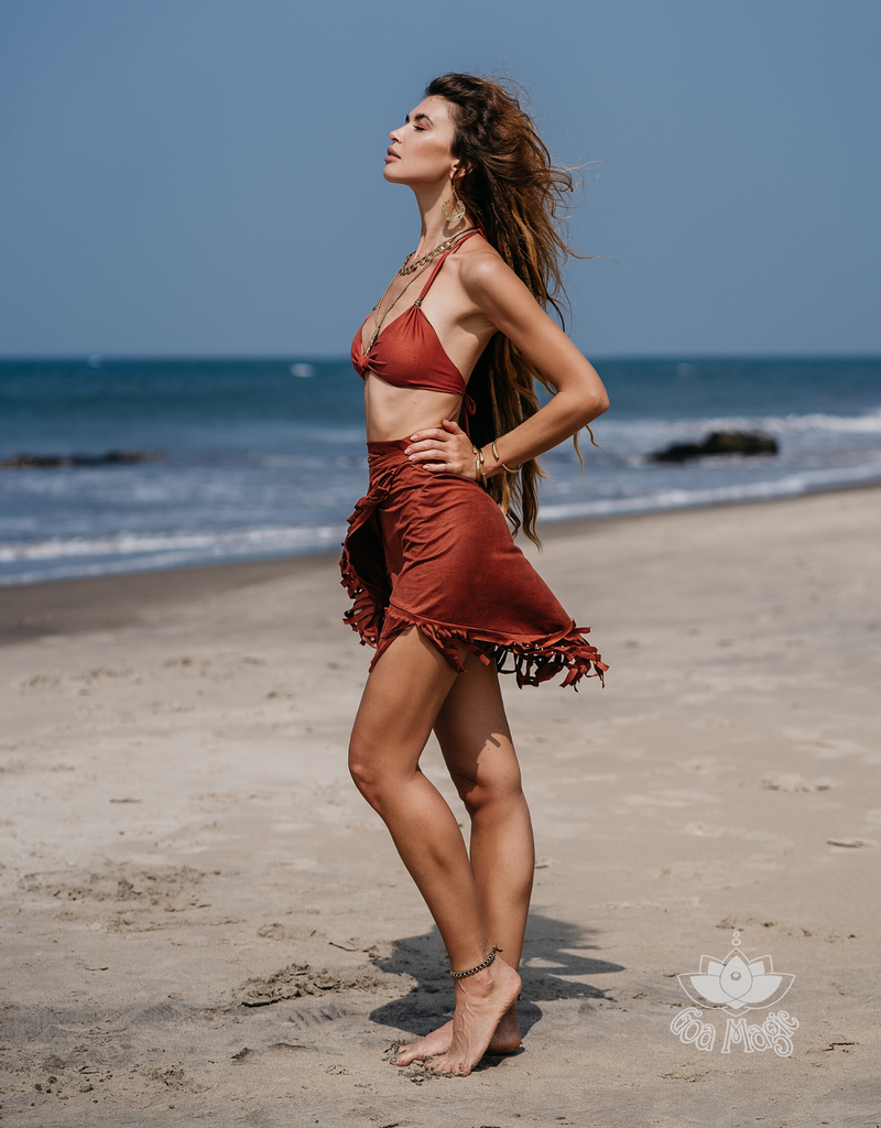 Suede Dark Orange Wrap Swimwear Skirt Decorated with Fringe