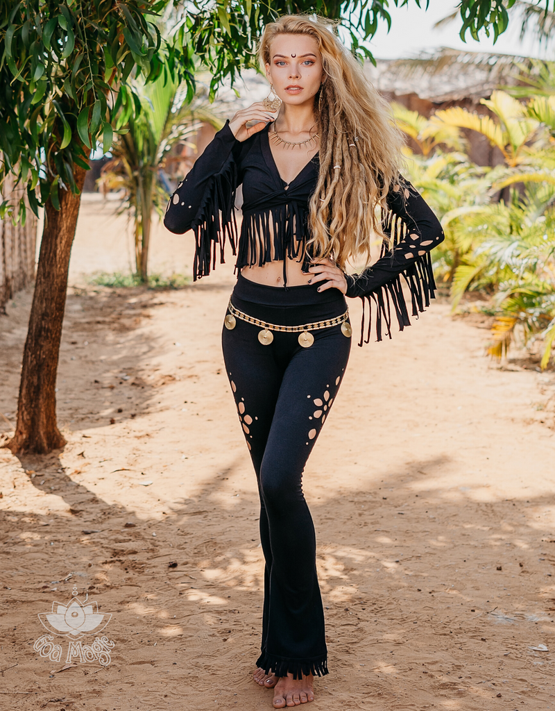 Flair Fringe Pants For Women In Black with Floral Cutouts - goa-magic-fashion