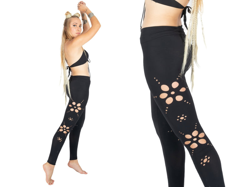 Yoga Legging For Women In Black with Floral Cutouts - goa-magic-fashion